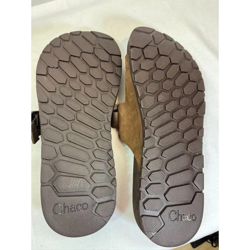CHACO MENS SZ 9 SLIP ON STRAPY SANDALS BROWN LEATHER WITH BUCKLE